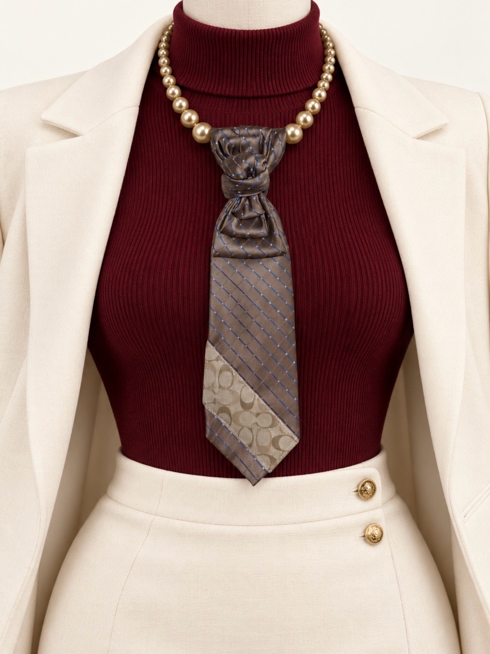 Upcycled Necktie Necklace, Vintage Pearls & Coach Canvas Accent, Hidden Pocket